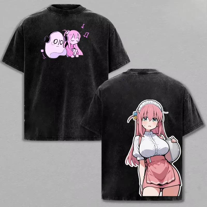 Vintage Washed Loose Short Sleeve T-Shirt For Men And Women With Anime Bocchi The Rock Character Goto Hitori Graphic T-shirt