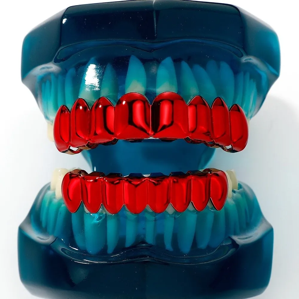 1Pcs/Set Glossy Finish Red Mirror Hip Hop Grillz Set Eco-friendly Copper Shiny 8 Teeth Top Bottom Grills Halloween Jewelry Punk