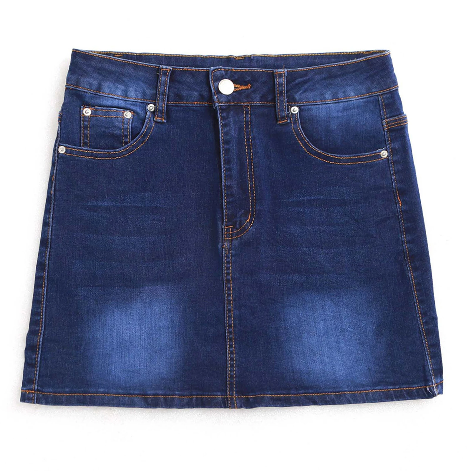 Women Deep Blue Dye Denim Mini Skirt High Waist Pockets Mini Pencil Skirt for Daily Casual Office Shopping Girls Summer Outfits