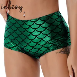 Womens Shiny Fish Scale Cheer Booty Dance Shorts Sexy High Waist Pole Dancing Clubwear Workout Fitness Mermaid Cosplay Shorts