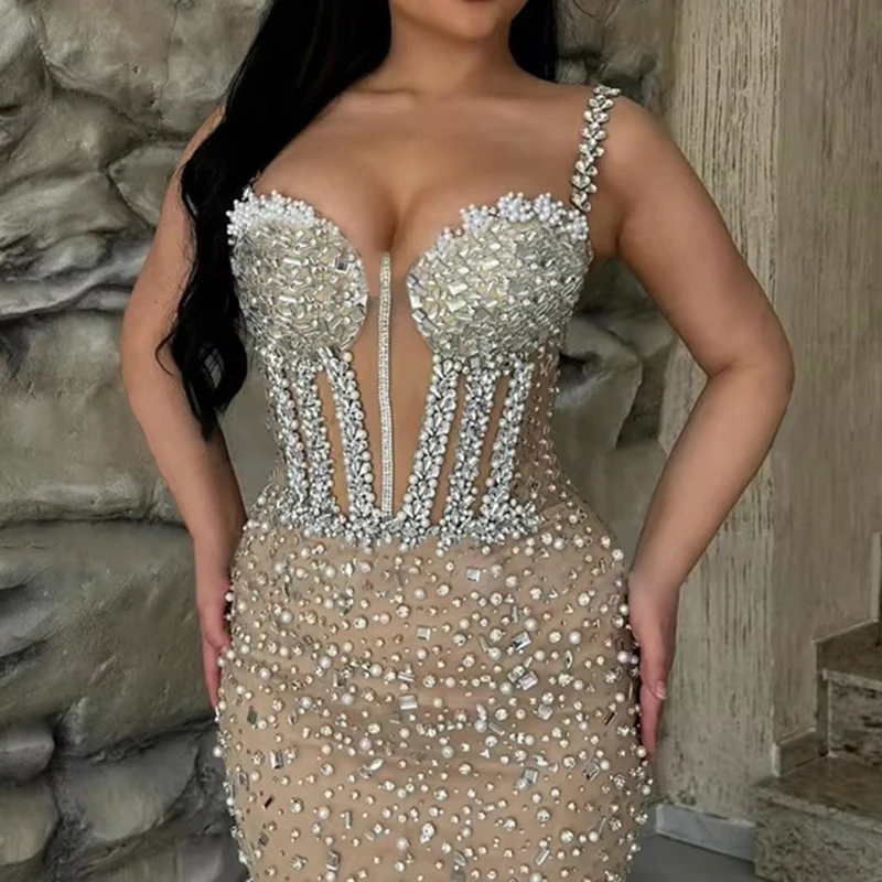 럭셔리 크리스탈 인어 이브닝 가운 여성 딥 브이넥 민소매 댄스 파티 드레스 바닥 길이 바디 컨 정장 가운 파티 드레스