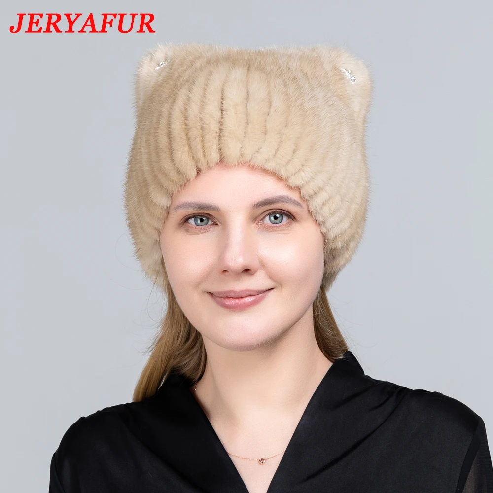 JERYAFUR Mink Fur HAT Women\'s Knitted Sweater Hat New Fashion European And American Cat Style Ski Caps