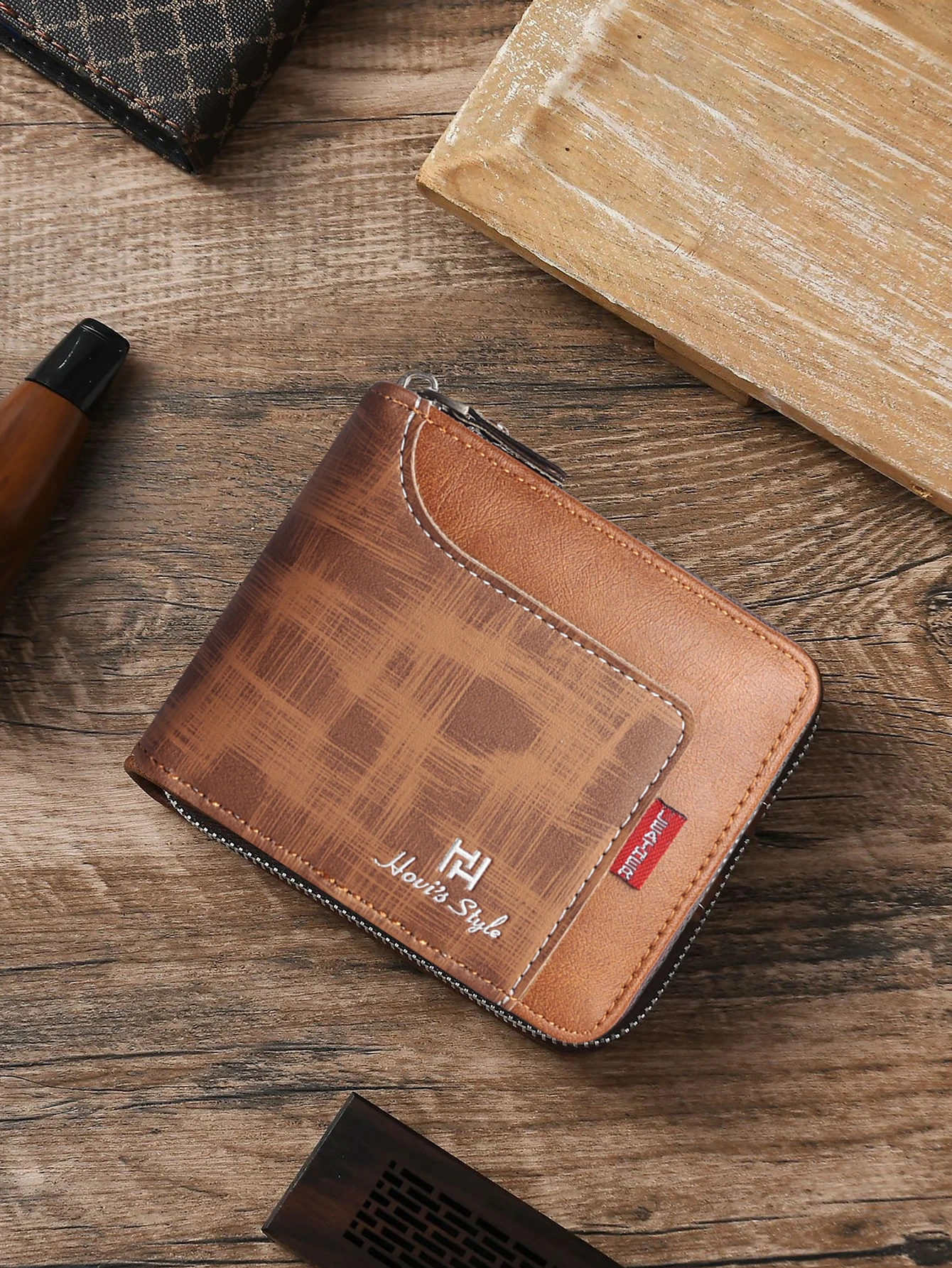 محفظة HOVI'S للرجال من جلد البولي يوريثان، محفظة رفيعة وخفيفة الوزن بسحاب للعملات المعدنية مع فتحات متعددة للبطاقات ونافذة معرف الصور