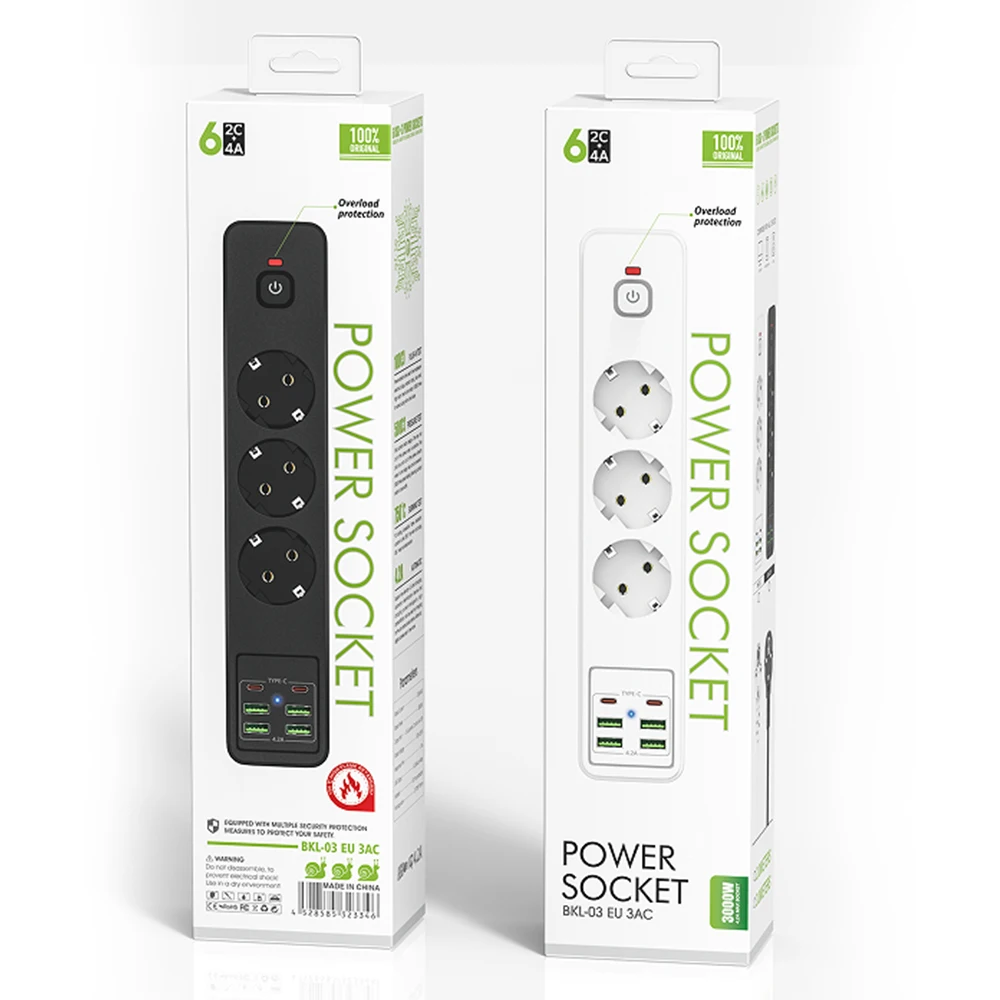 Protezione da sovraccarico della ciabatta della presa Desktop ue da 3000W con presa di prolunga USB C interruttore della presa del cavo di prolunga da 2m