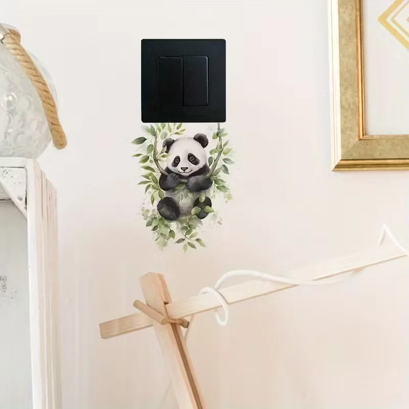 1pc cartoon panda swinging, bedroom entrance, living room home switch stickers, decorative wall stickers, beautiful stickers