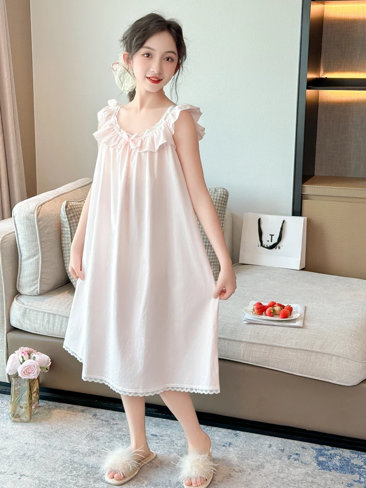 プリンセススタイル夏用寝間着-女の子用-大きな子供用-ロングピンクドレス-子供用ホームウェア-綿ポリエステル混紡-快適