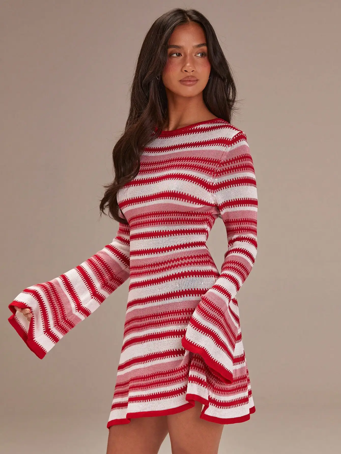 

Women's Red White Striped Boat Neck Bell Sleeve Knit Mini Dress