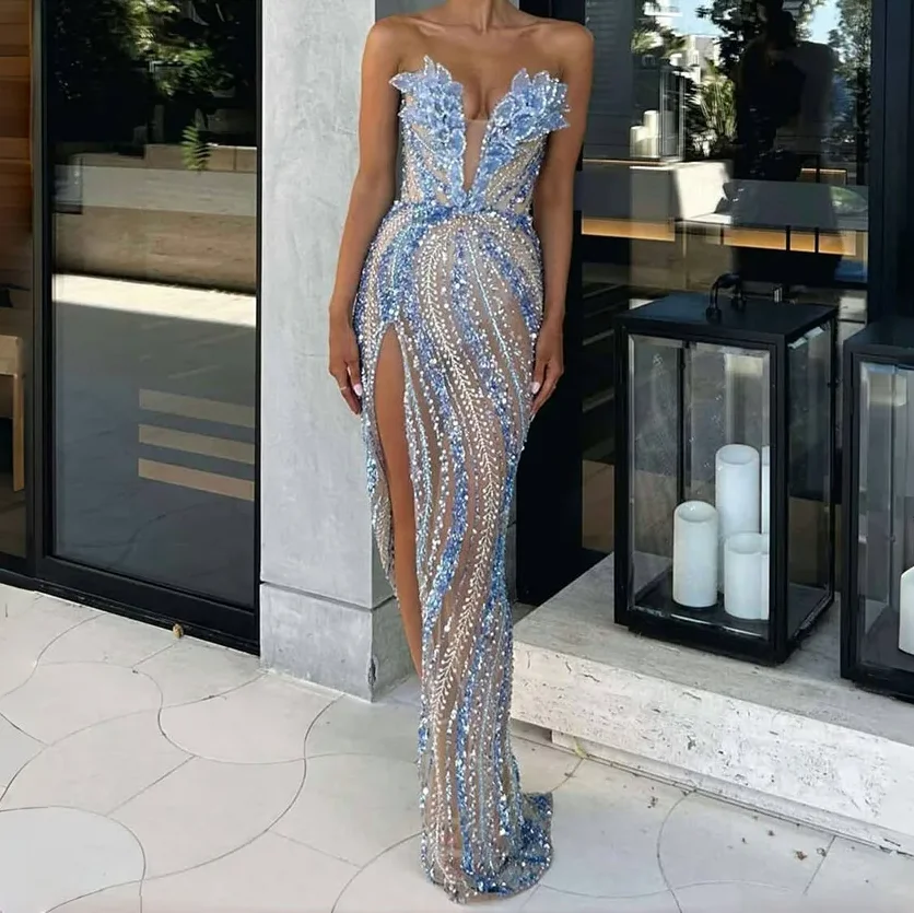 

Sexy Luxury V-Neck Sequined Beading Side Slipt Mermaid Formal Evening Dresses Birthday Party Prom Gowns Customized