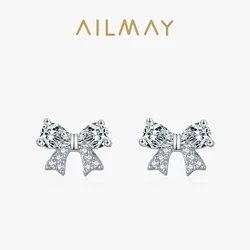 Ailmay Genuine 925 Sterling Silver Cute Romantic Dazzling Zircon Bowknot Earrings For Women Wedding Engagement Jewelry
