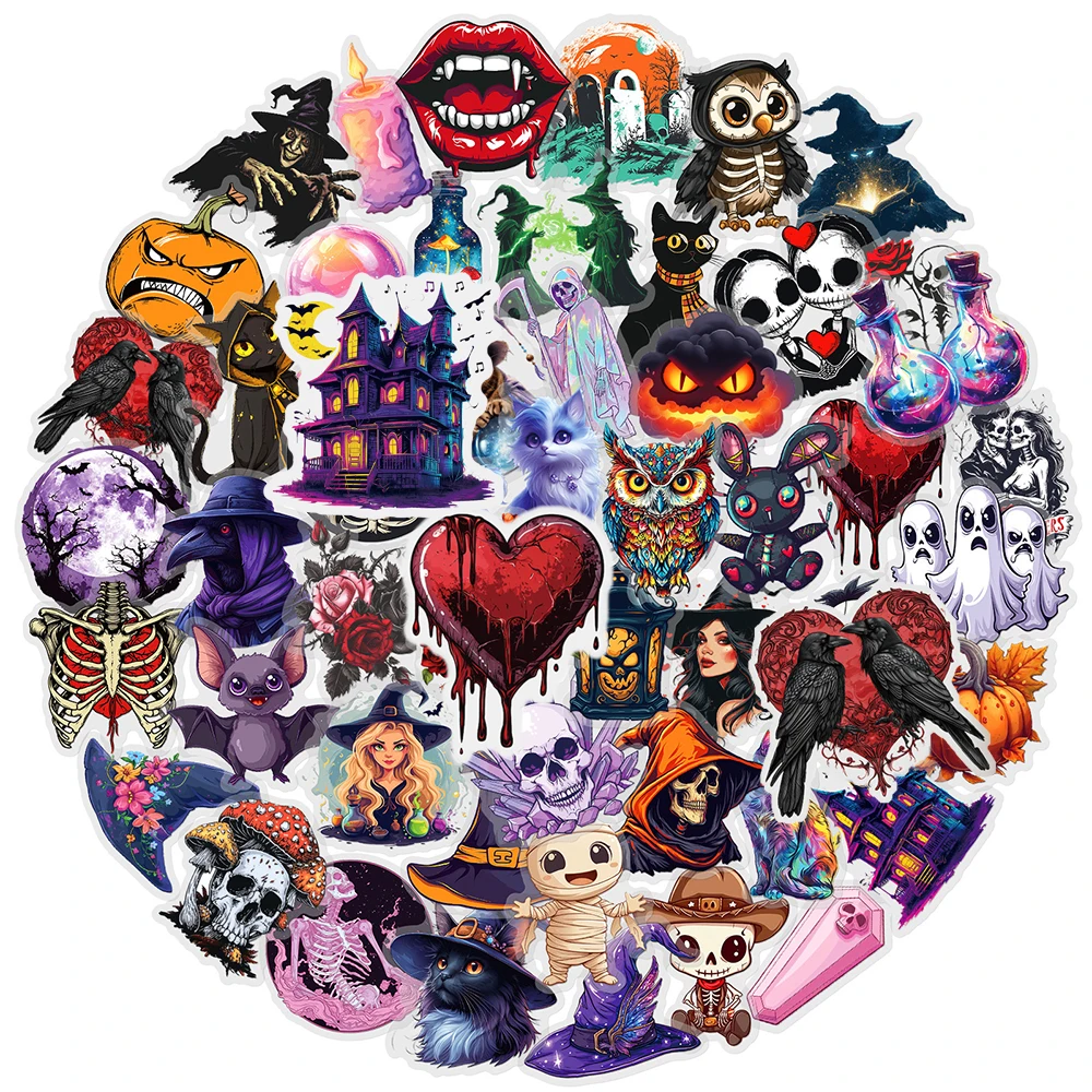 

10/30/50pcs Horror Halloween Skull Witch Stickers Transparent PET Decals Skateboard Notebook Phone Bike Cool Cartoon Sticker Toy