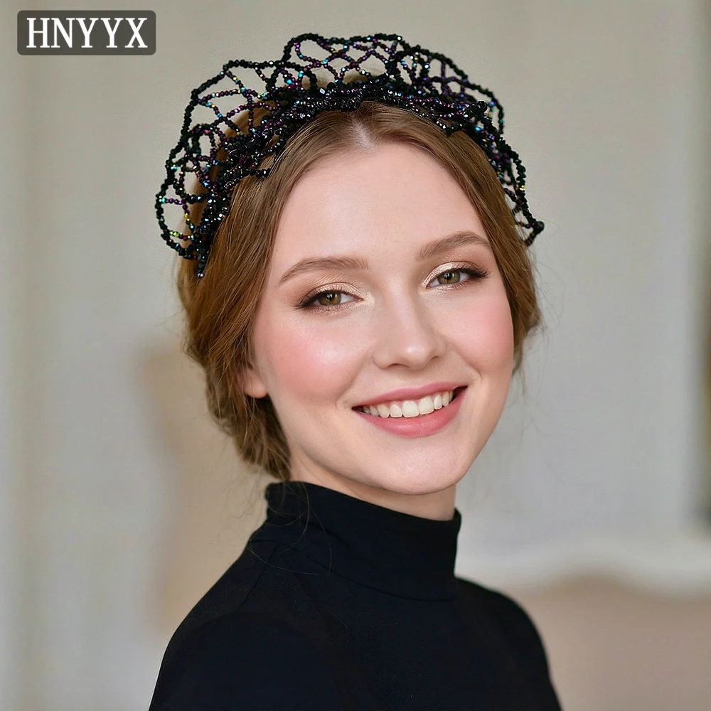HNYYX Baroque Black Color Beaded Crown Hair Hoop Women Wide Headband Handmade Party Prom Headpieces Hair Accessories A418