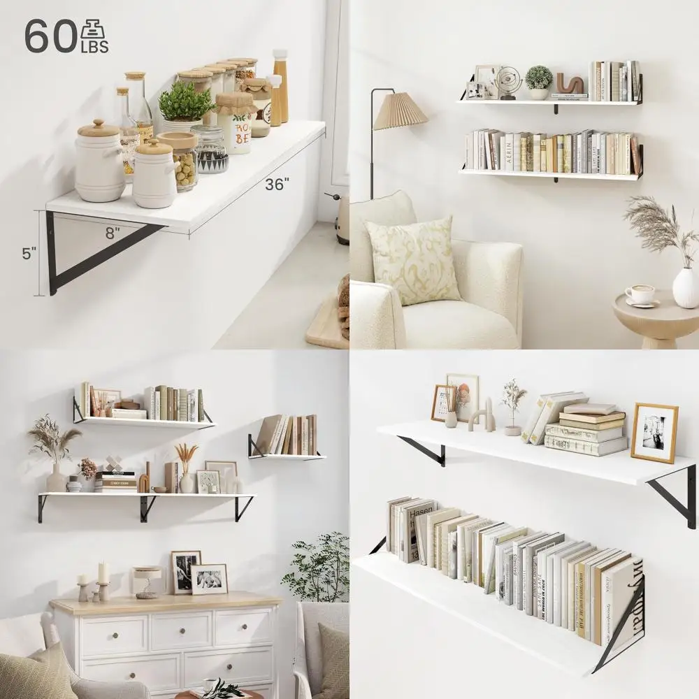 

Set of 2 White 36 Wide Floating Shelves, 8 Deep, for Home & Office, with Black Brackets