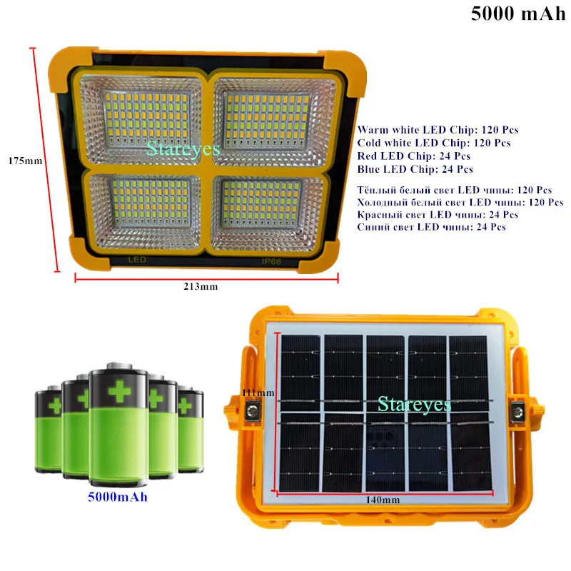 Portable Solar LED Floodlight Rechargeable IP66 Waterproof Flood light Outdoor Photovoltaic panel emergency light SOS flashlight