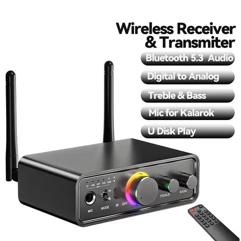 블루투스 5.3 오디오 송수신기 3.5MM AUX/RCA/USB/동축/광/6.5MM 마이크 카라오케 하이파이 DSP 무선 어댑터