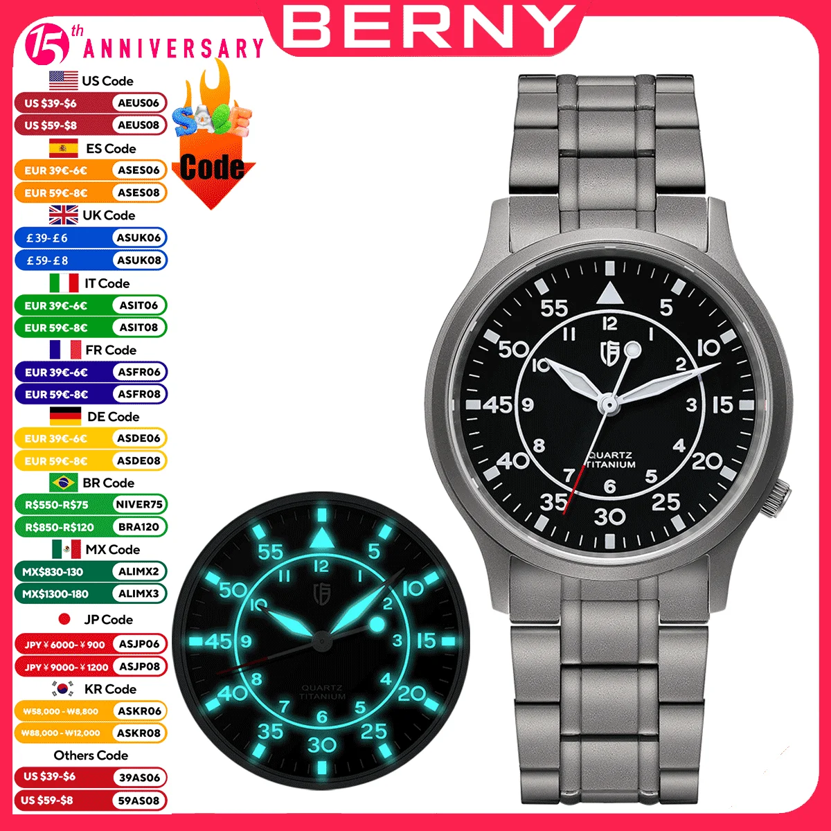 BERNY Titanium Watch for Men AR Coating Sapphire Fashion Wristwatch Luminous VH31 Ultra-thin Quartz Watch Waterproof 5ATM Watch