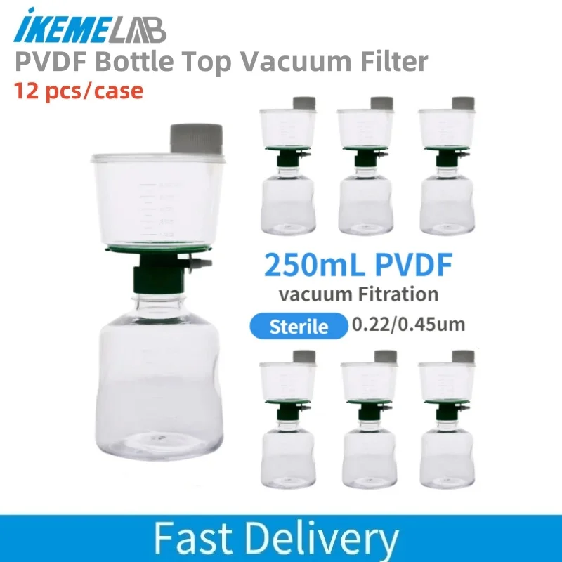 Ikeme 12 peças de unidades de filtro de vácuo descartáveis para garrafa estéril, membrana pvdf 150/250/500ml/1000ml, dispositivo de filtragem de laboratório