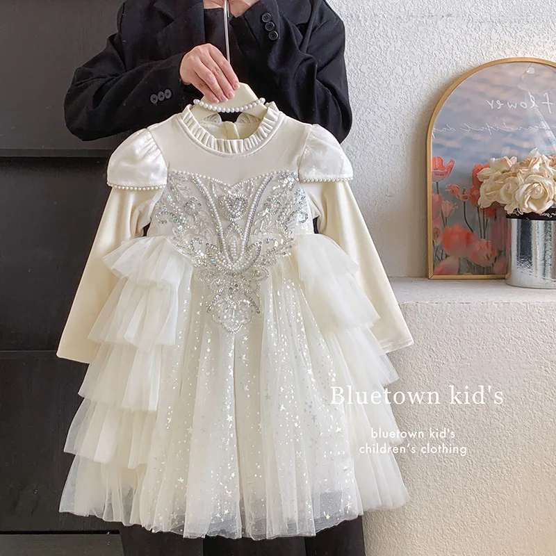 Girls' Winter Dress Light Luxury High End Birthday Banquet Performance Flower Girl Sleeve Thickened Skirt Plush Princess Dress