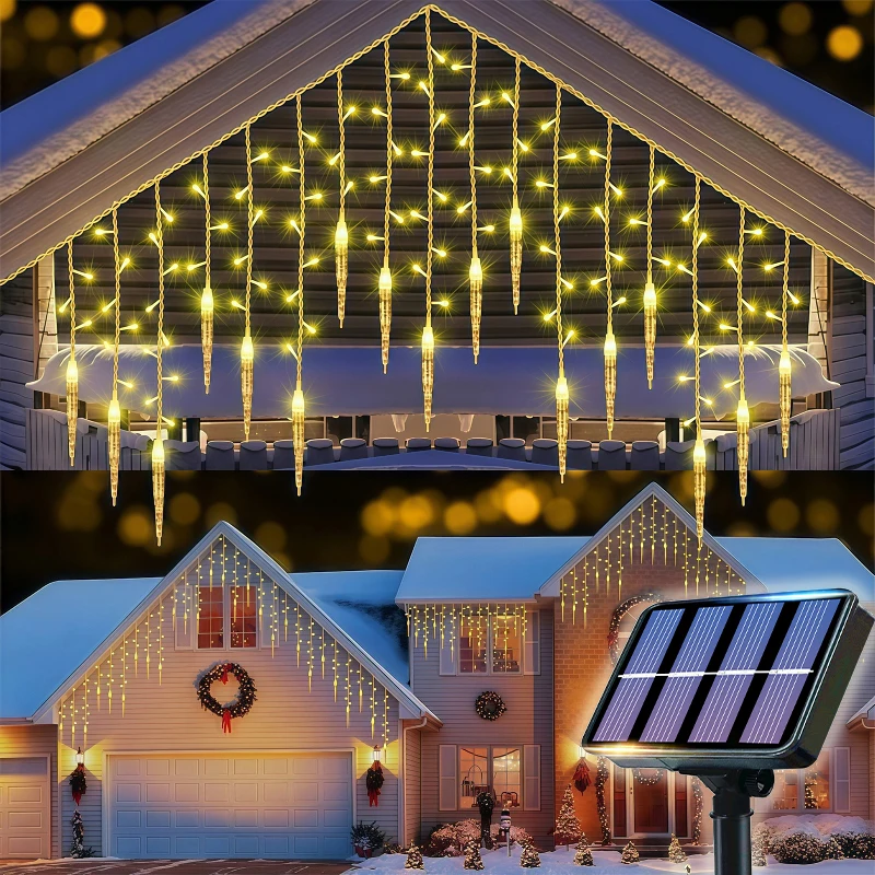 Solarbetriebene Weihnachts-Eiszapfen-Lichterkette 96/162LED 8 Modi Funkelnde Feenlichter Hängende Vorhang-Wasserfall-Beleuchtung