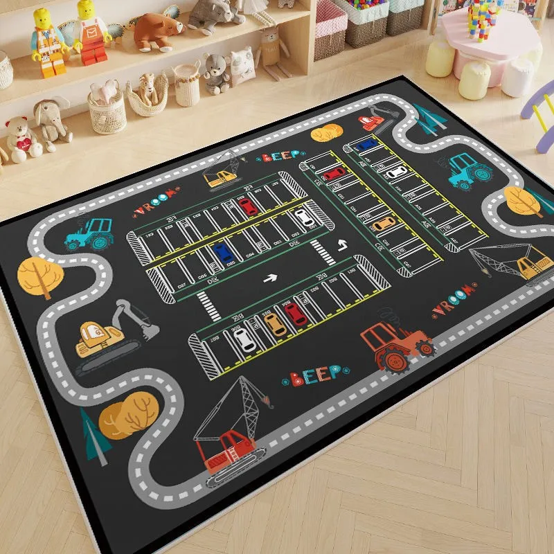 Kids Car Track Play Rug Crystal Velvet Baby Crawling Mat Non Slip Dirt Resistant Children Room Educational Game Floor Carpet