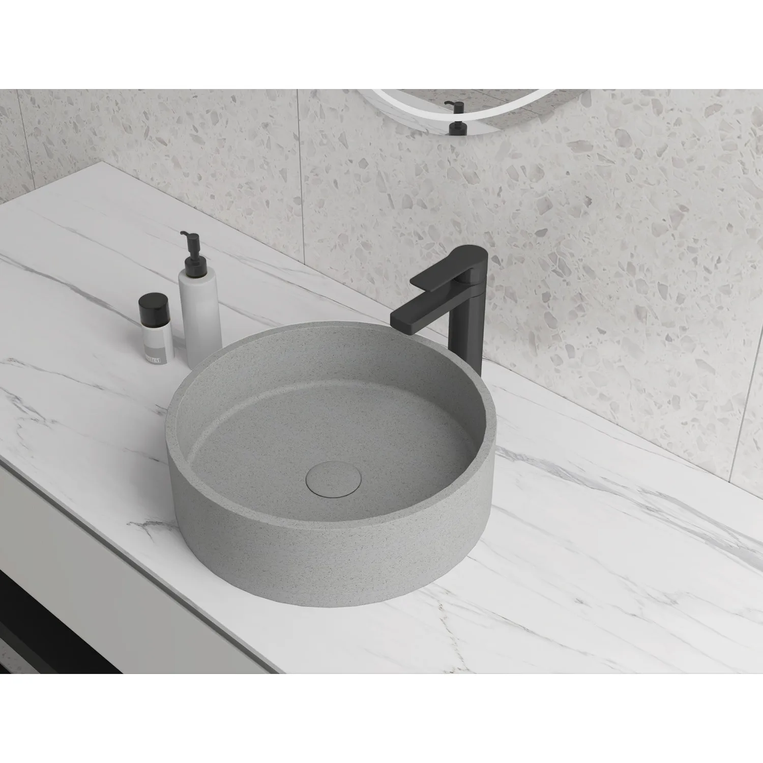 

Round Concrete Vessel Bathroom Sink Handmade Concreto Stone Basin Counter Freestanding Bathroom Vessel Sink in Grey without Fauc