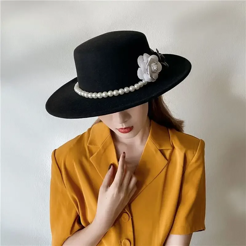 Large Brim Women Fedora Hat Classic Flat Top Design Winter Cap British Rose Flower Woolen Hat for Ladies Jazz Hat