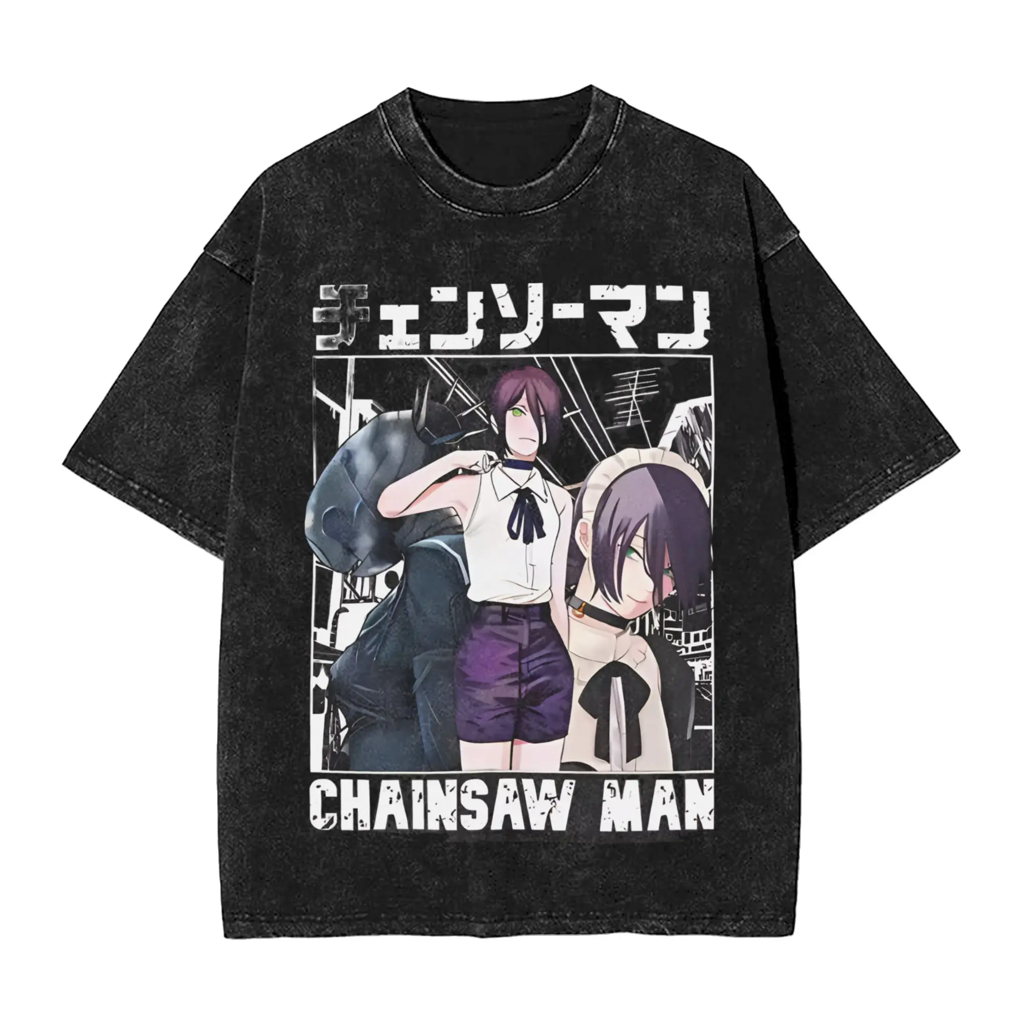 Chainsaws Man Vintage Washed T Shirt Men's 100%Cotton Tops Harajuku  Round Neck Short Sleeve