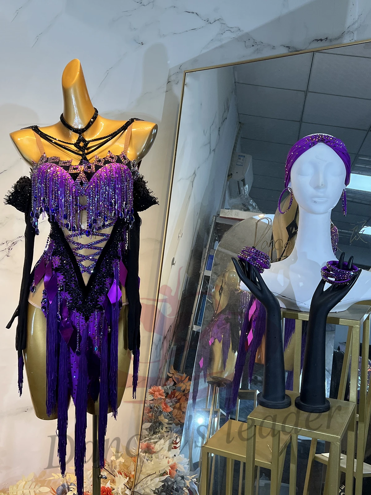 Latin Dance Costume Rhinestone For Women, Adults, And Children, High-End Customized Purple Metal Tassel Samba High Flash Dress