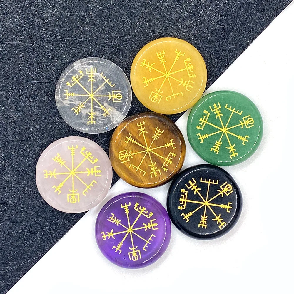 

5pc/Set 25mm Natural Agate Amethyst Green Aventurine Carved Compass Direction Sign Viking Vegvisir Ares Guardian Symbol Ornament