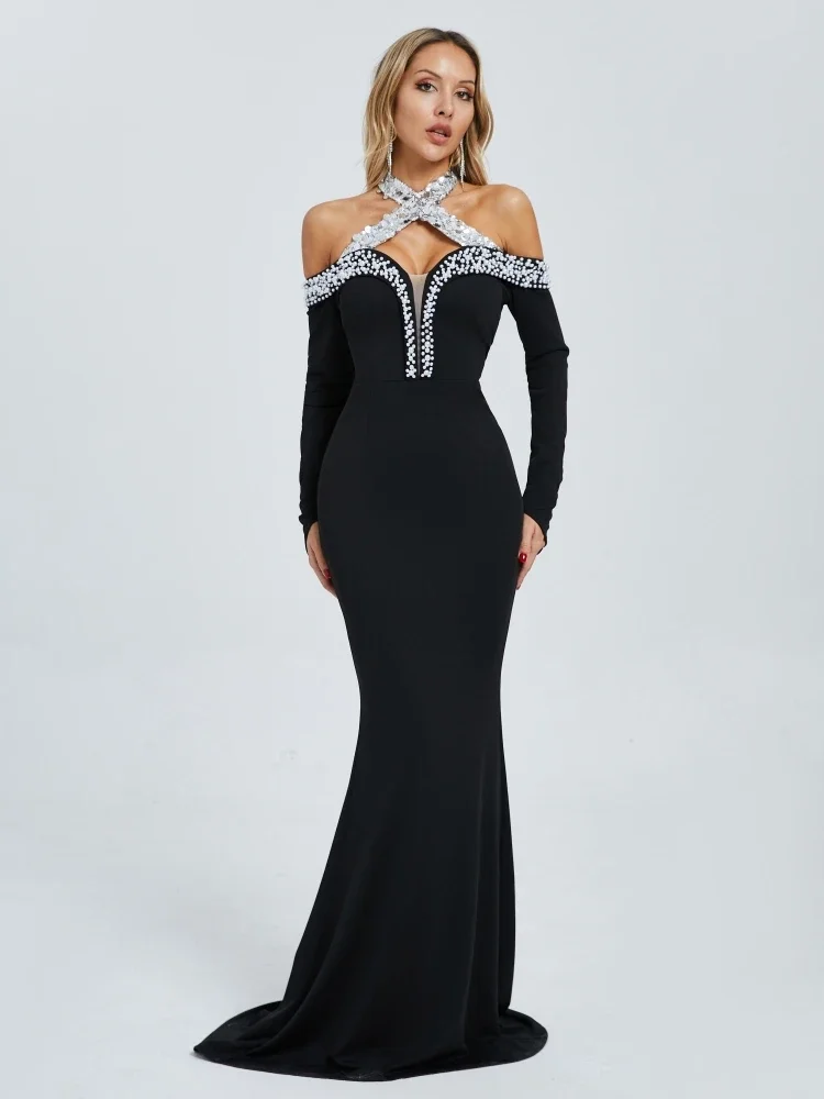 Sexy Neckholder Pailletten Perlen Maxikleid Frauen Schwarz Schulterfrei Langarm Perlen Schlanke Lange Kleider Abend Promi Party