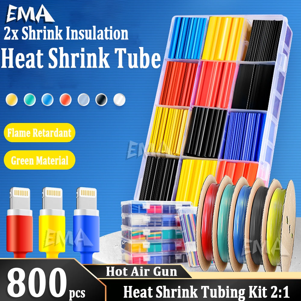 280/580/800PCS Heat Shrink Tubing kit 2:1 Shrinkable Wire Shrinking Wrap Wire Connect Cover Cable Repair Protection Hot Air Gun