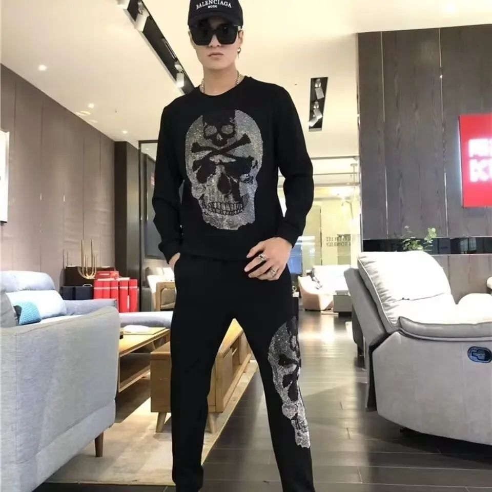 Men's Anime Rhinestone Embellished Sweatpants Set Shimmering Streetwear Glittering Comfortable Fit Sweatpants with Pockets