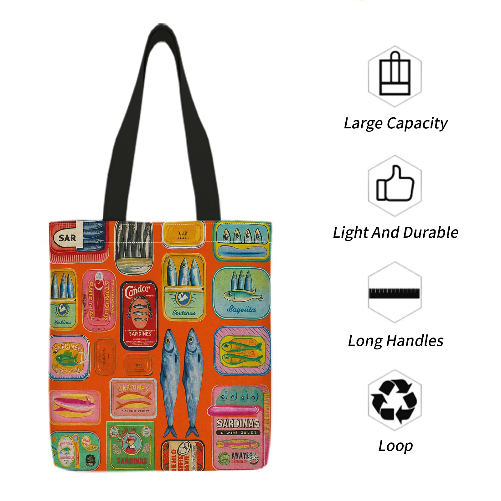 Double Sided Printed Shopping Tote Bag Fish Products Sardines Colorful Cans Orange Foldable Shoulder Storage Bag for Travel