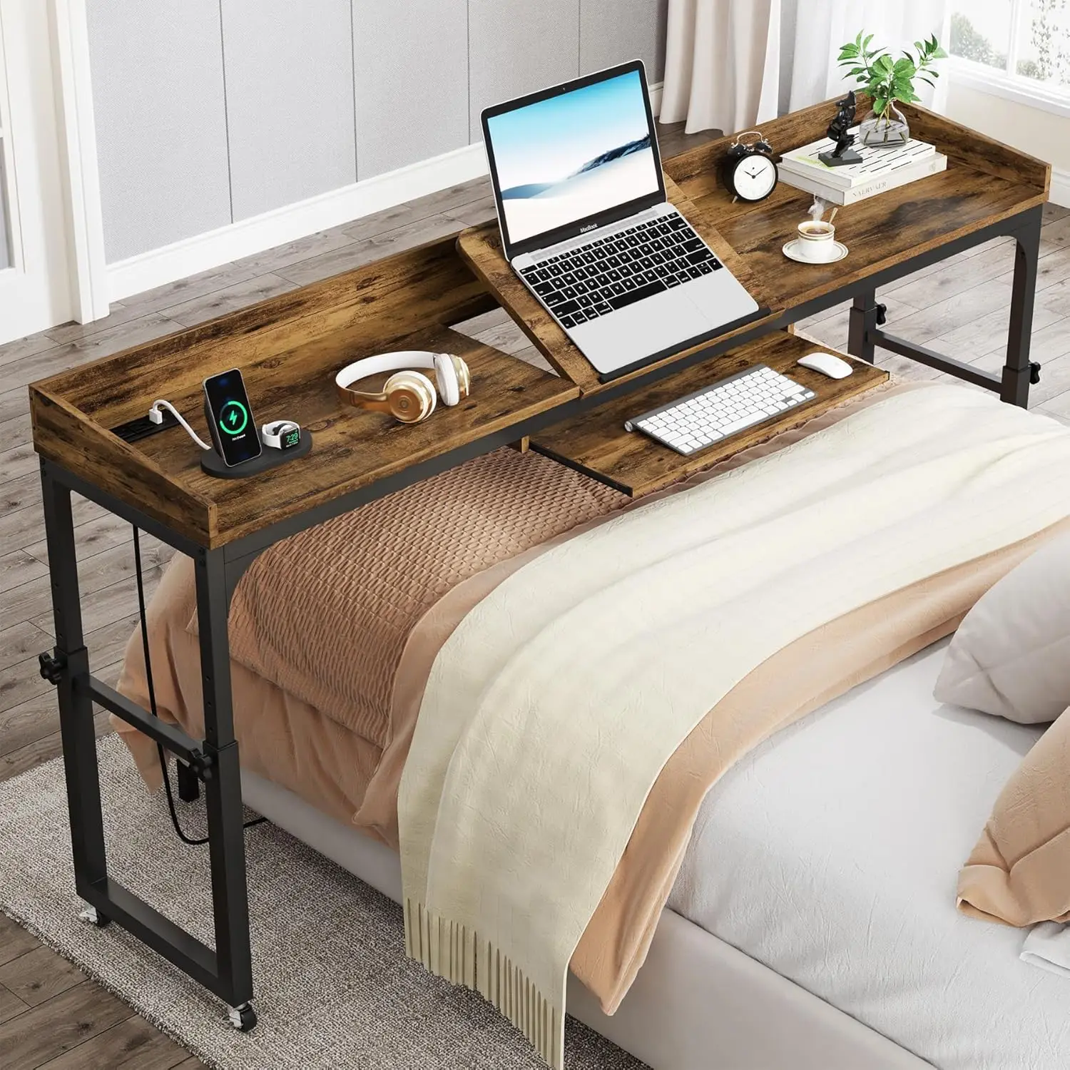 Height Adjustable Overbed Table with Wheels, Queen Size Over Bed Desk with Adjustable, Mobile Laptop Cart Computer Desk