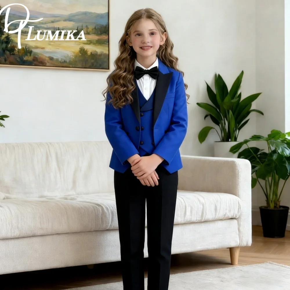 

Vibrant Blue Black Kids 4 Piece Suit 2026 Romantic Contrast Trim Childrens Formal Wear Fashion Jacket Vest Pants Bow Tie Suit Se