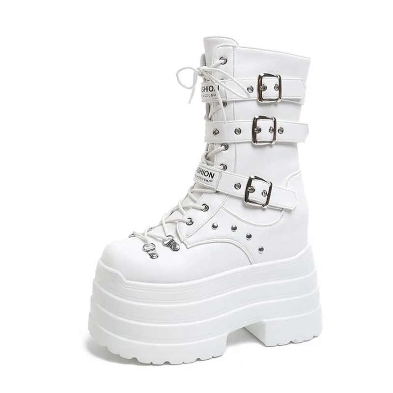 Versatile Thick-Soled Studded Black Biker Punk Gothic Buckle Boots Women 12cm Height-Increasing Platform Wedge Middle Calf Boots