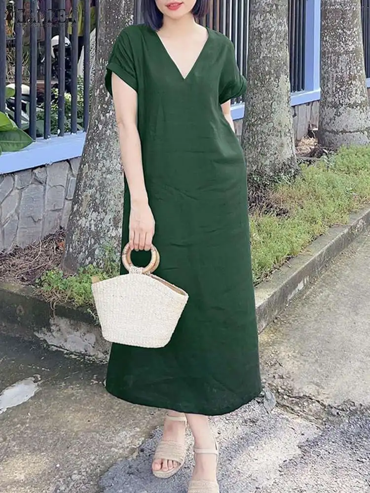 

Summer Fashion Solid Dress ZANZEA Women V Neck Short Sleeve OL Work Vestidos Robe Femme Elegant Casual Holiday Party Sundress