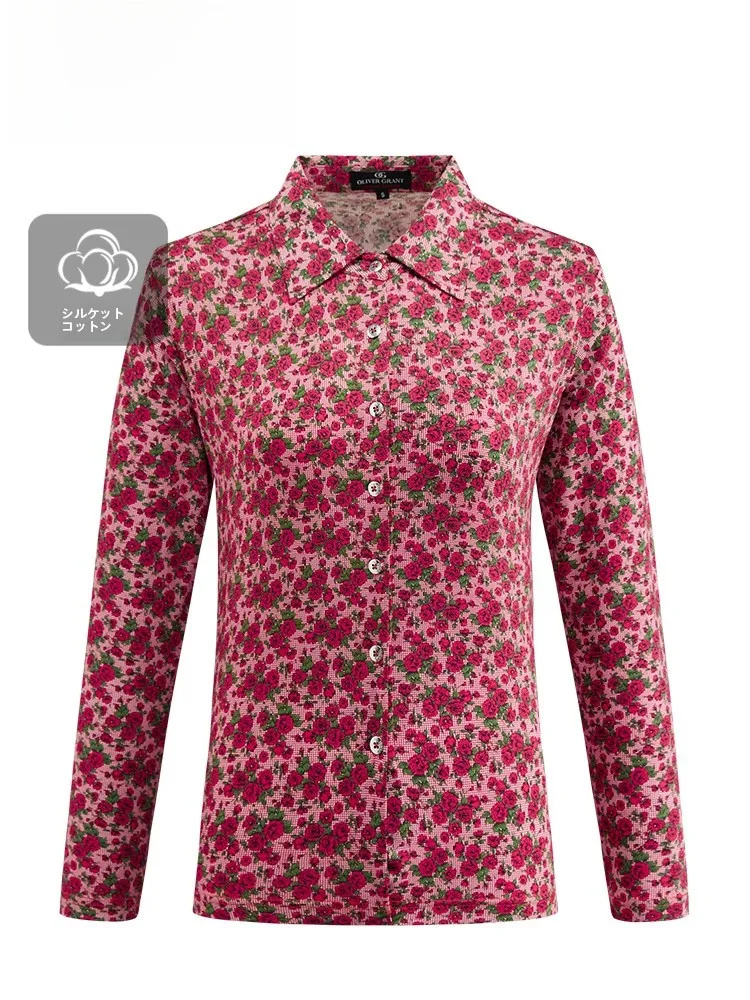 Camisa Feminina Oliver Grant Royal Rose de Manga Longa em Algodão, Estilo Francês, Nova Coleção Primavera 2026, Ajuste Slim, Estampada em Seda e Algodão