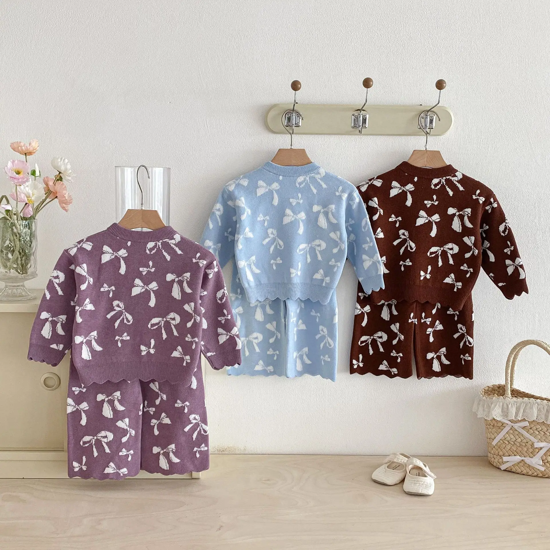 2026 Spring New Baby Long Sleeve Clothes Set Girls Bow Knitted Sweater + Loose Trousers 2pcs Suit Infant Toddler Casual Outfits