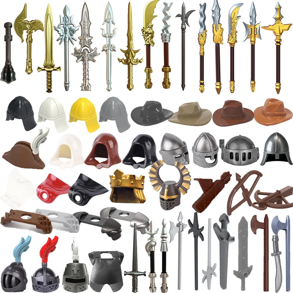 

MOC средневековые военные строительные блоки, оружие, фигурка, аксессуары, плечевой доспех, шлем, бант, накидка, шляпа, меч, кирпич, игрушка в подарок X038