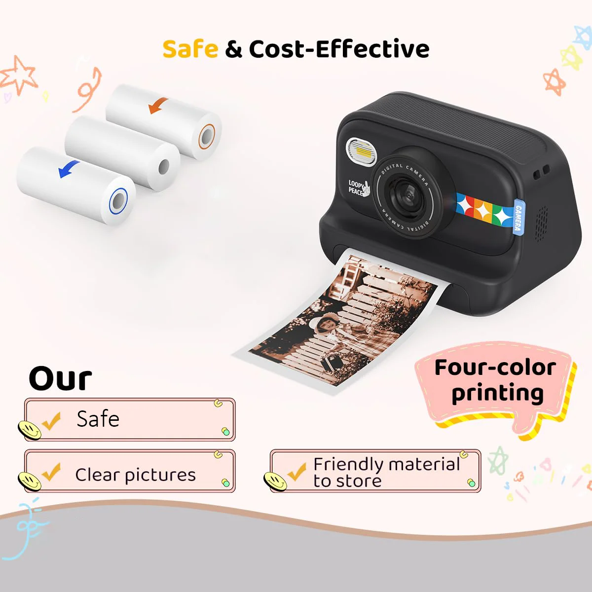 57mm Color Thermal Paper for Kids Camera Portable Printer BPA-Free HD Photo Printing, Instant Color Stickers with Image Quality