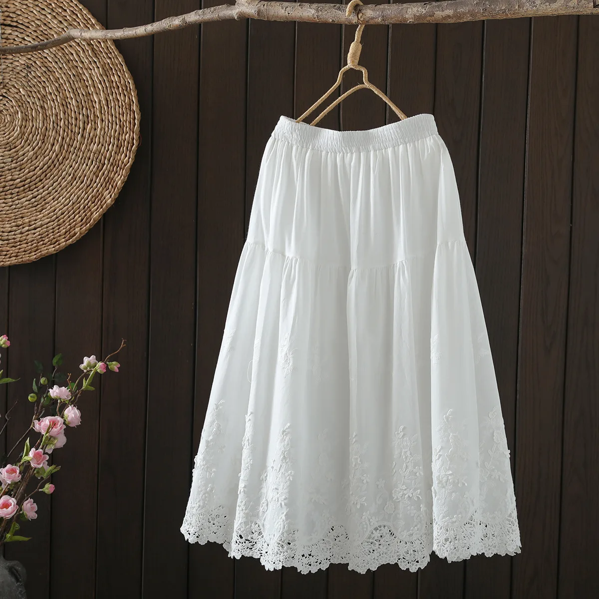 

Enianechu японские винтажные модные хлопковые длинные юбки с вышивкой для женщин, летние кружевные вышивки, белые, черные пляжные юбки