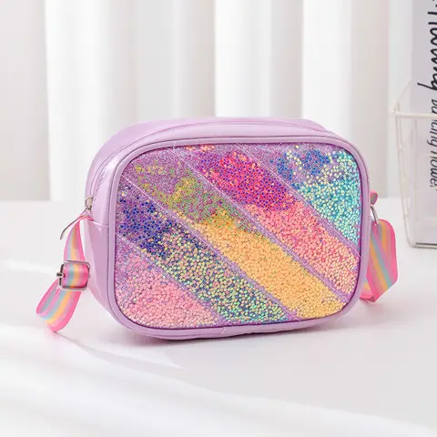 Simpatiche borse a tracolla colorate con paillettes per bambini Borsa a tracolla per bambini con design a strisce arcobaleno Borse portamonete quadrate per ragazze adorabili