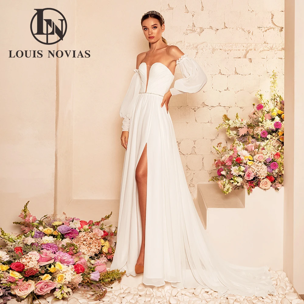 LOUIS NOVIAS Spitzenhochzeitskleid mit abnehmbaren drapierten Puffärmeln, trägerlosem Pinselschleppe, rückenfreiem Brautkleid, Vestidos De Novia