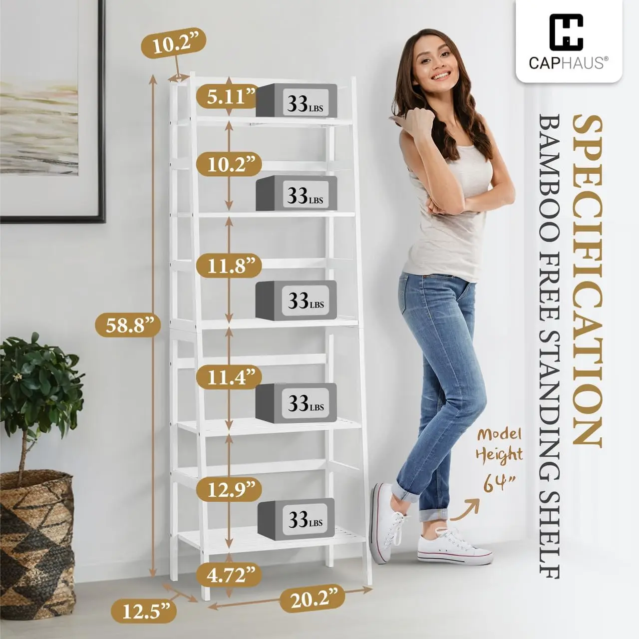 5-Tier Bamboo Ladder Shelf, Bamboo Open Storage Ladder Bookshelf, Freestanding Plant Standing Display Stand, Multifunctional