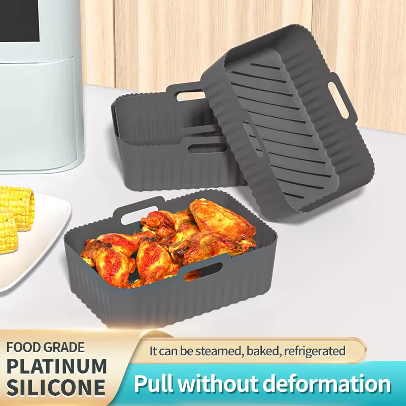 24CM Rectangular Silicone Airfryer Basket Trays Nonstick Reusable Air Fryer Pot Liners Oven Microwave Kitchen Accessories