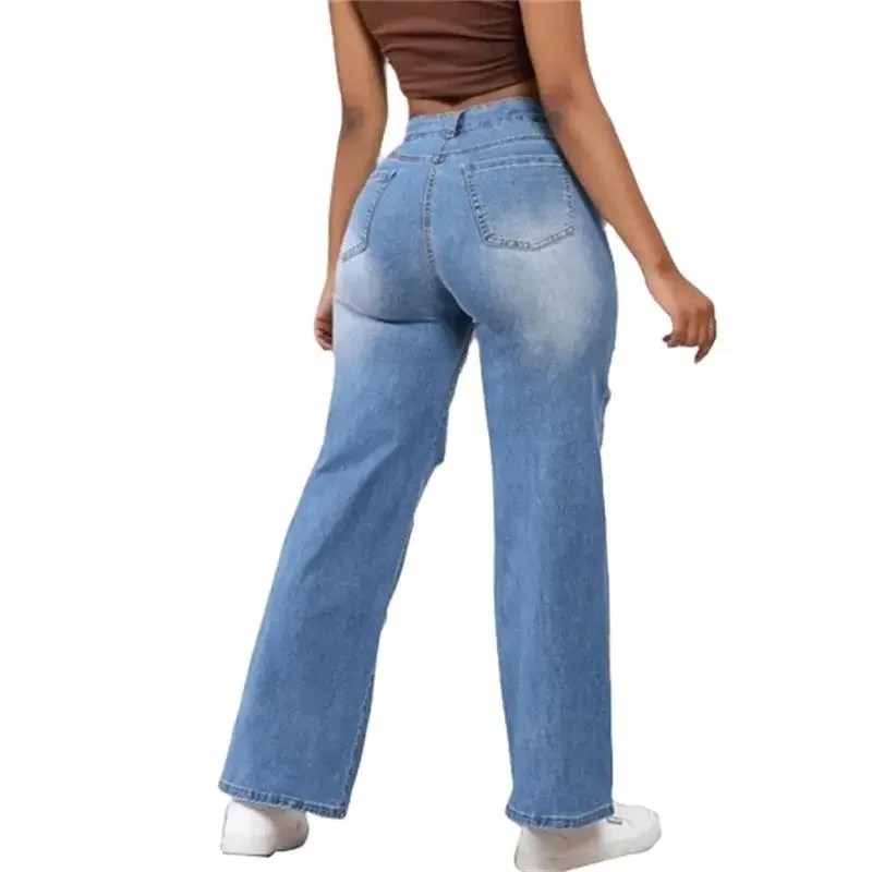 Vintage gebrochene Löcher aushöhlen gerade Jeans Frauen hohe Taille Jeans hose lässige Streetwear weibliche Pendler weites Bein Hosen