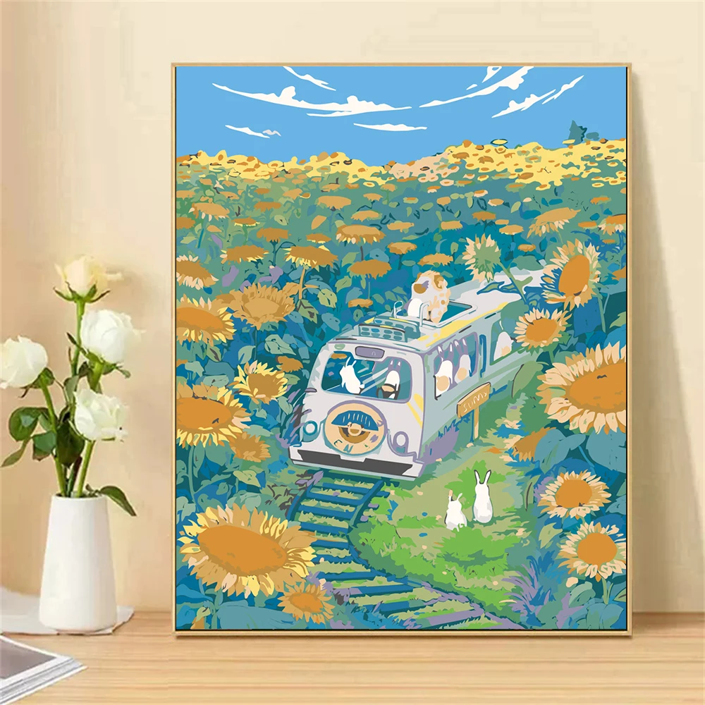 Paint by Numbers For Adult Kit Sunflower Train DIY Dropshipping acrylic Oil Painting Canvas by Number Home Decor