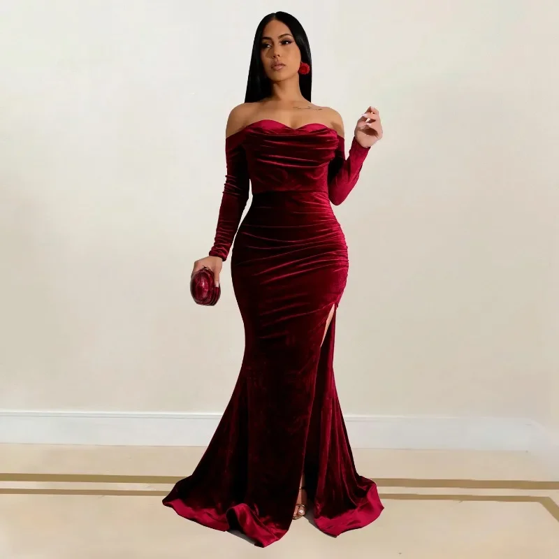 

Women Elegant Sexy Velvet Bodycon Maxi Evening Party Dress Strapless Off Shoulder Full Sleeve Split Ruched Long Robe Christmas