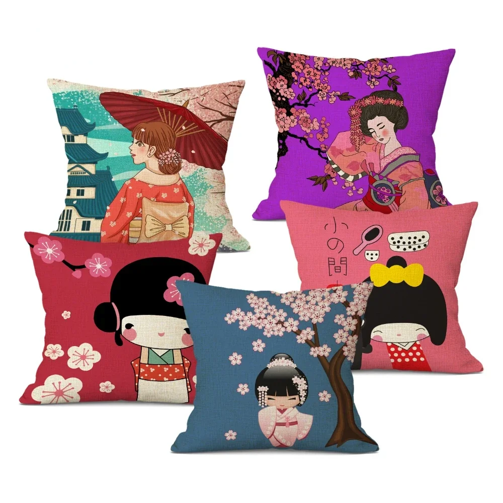 1pcs/Set Japanese Print Linen Pillowcase Creative Fuji Kimono Girl Sea Wave Decorative Pillow cover Home Decor Sofa