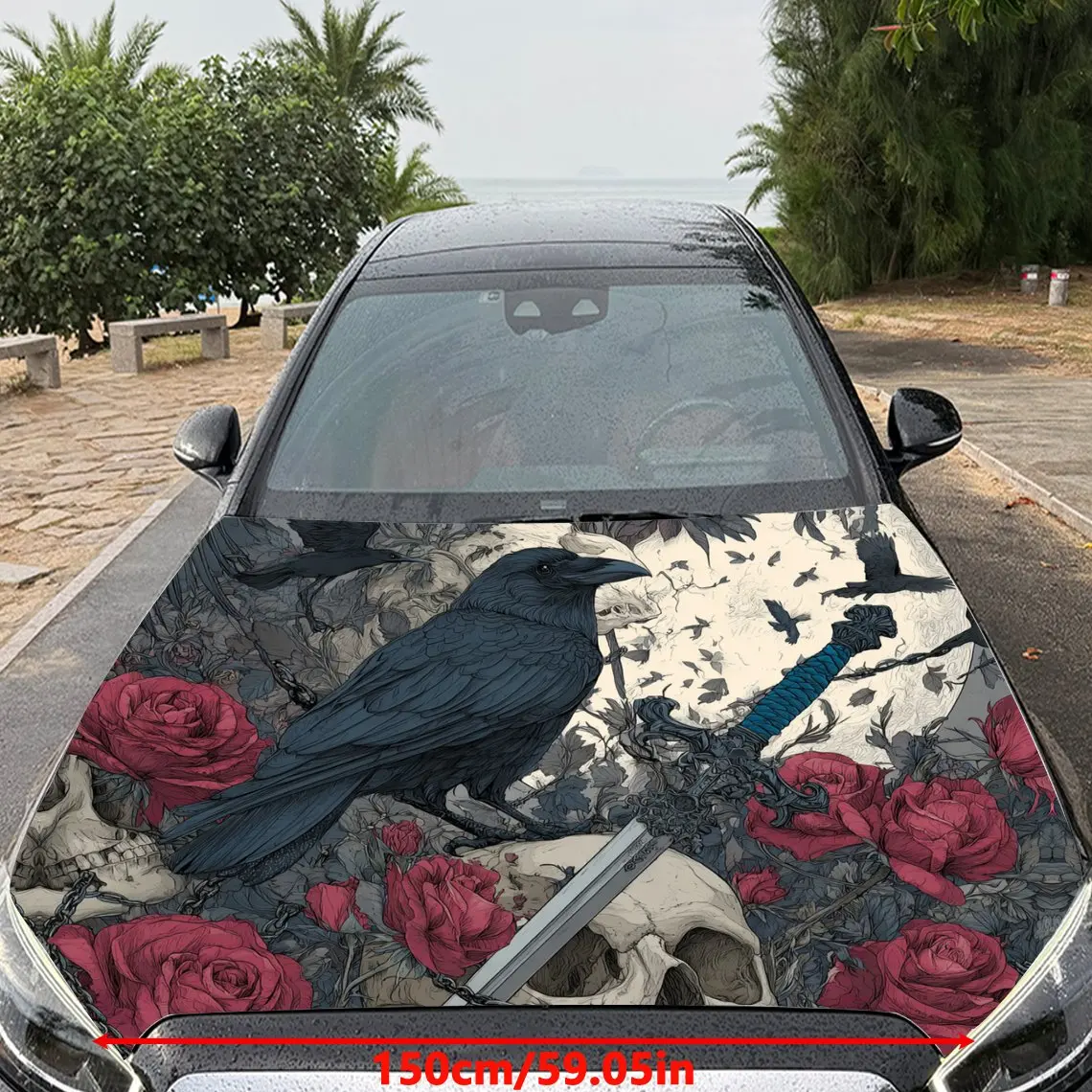 Dark Aesthetics Raven Skull Sword Car Vinyl Wrap, PVC Material Waterproof Car Hood Sticker, Self-Adhesive Scratch-Resistant Stic
